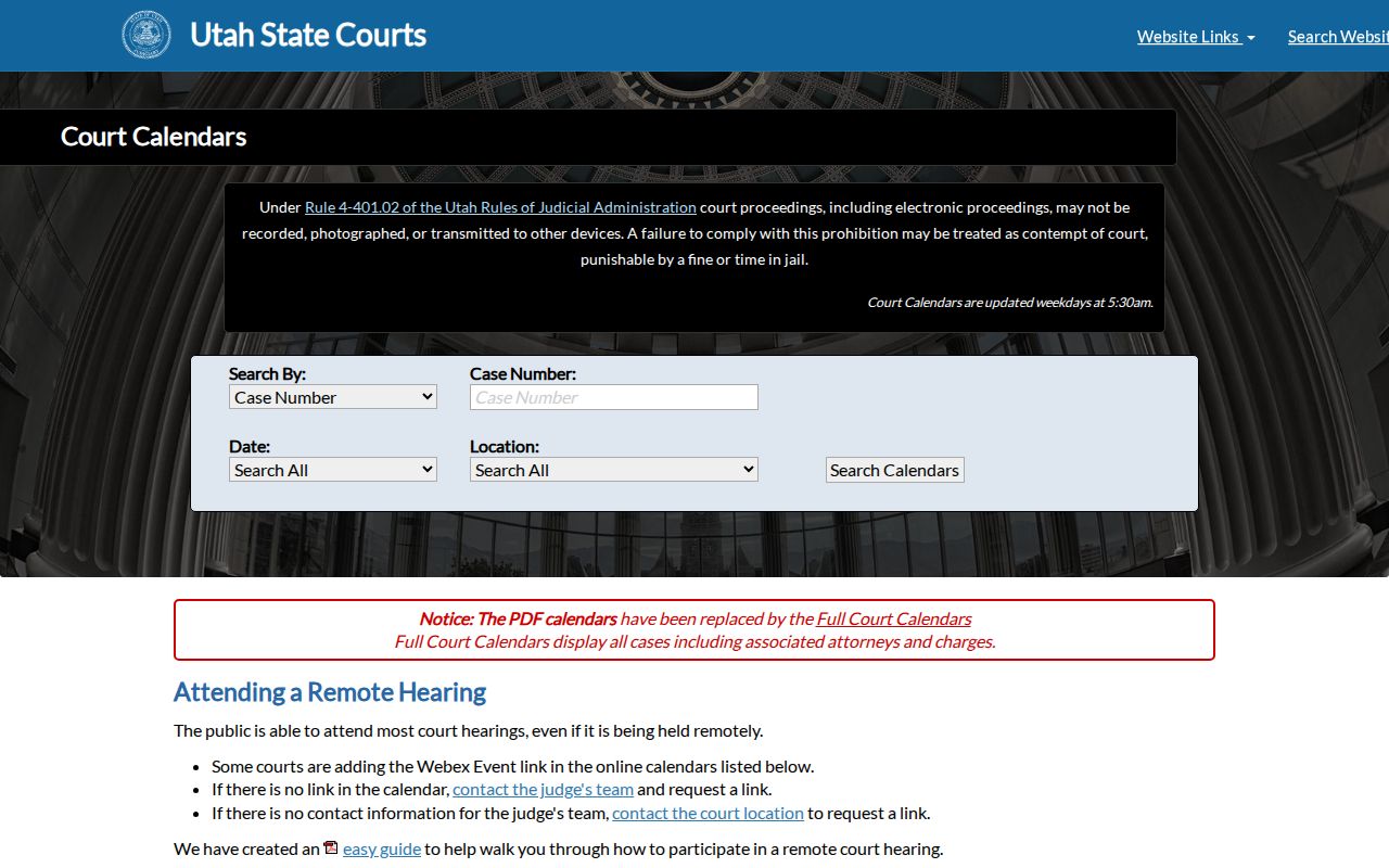 Utah Courts calendar landing page used for Sevier County court dates