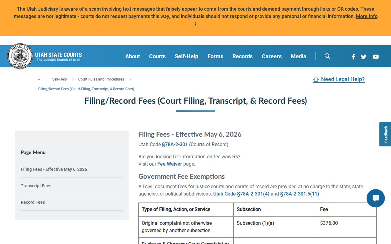 Utah court copy and certification fees for Sevier County court records