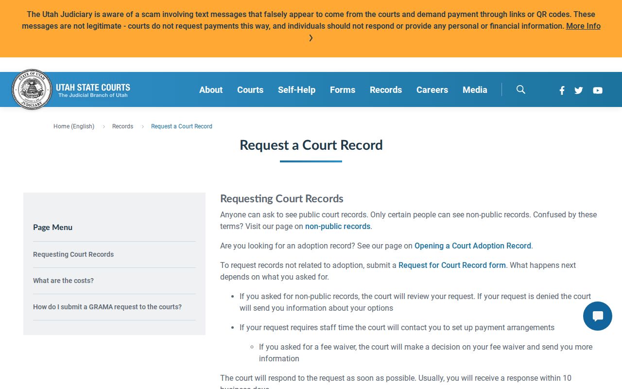 Utah Request for Court Record instructions for Sevier County files