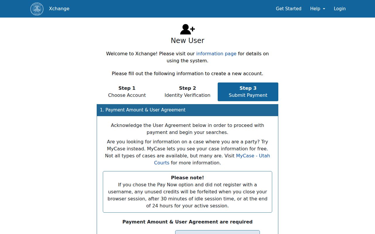 Guest registration for a Sevier County Xchange case search