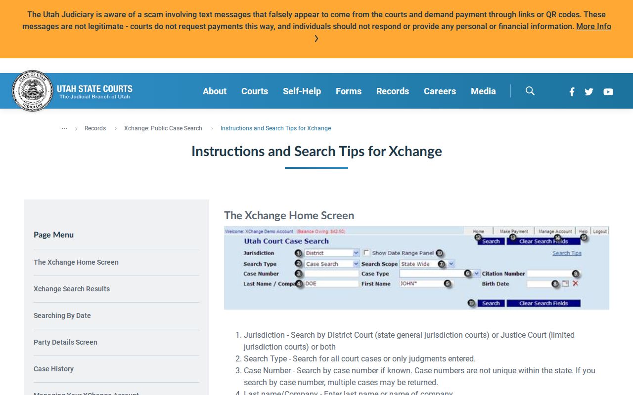 Utah Courts Xchange help for a Sevier County case search